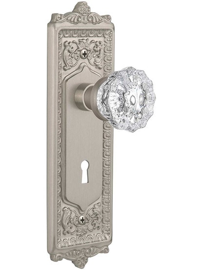 Egg and Dart Door Set with Fluted-Crystal Glass Knobs and Keyhole Single Dummy in Satin Nickel.